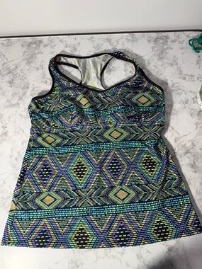 Patterned Racerback Tank Swim Top in Teal, Purple, Yellow, Black & Green Size 16